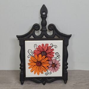 Holt Howard Japan Ceramic Tile Cast Iron Trivet White Pink Orange Flowers